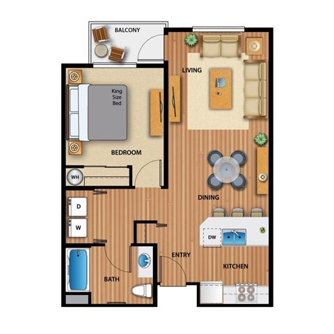 Floor plan for 1 bed, 1 bath, 682 sqft